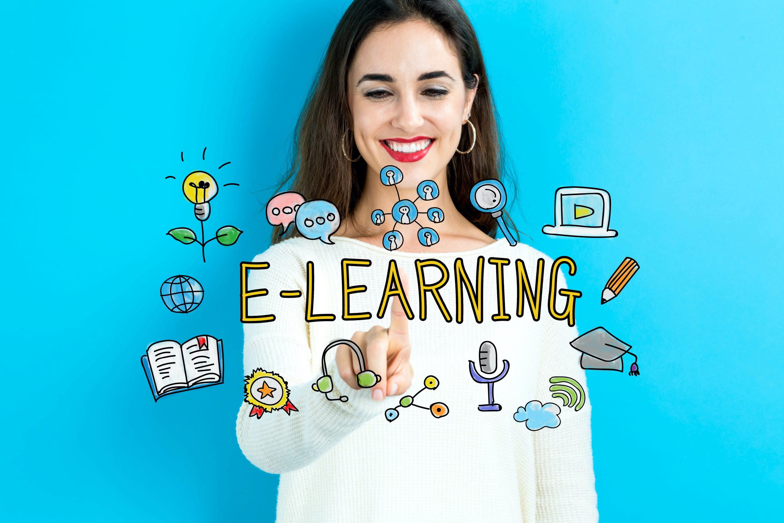 E-learning,Concept,With,Young,Woman,On,Blue,Background